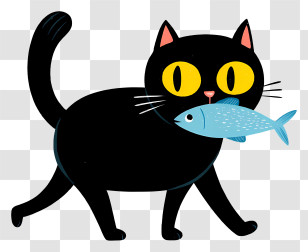 Black Cat Carrying Fish - Playful Black Cat With Fish Transparent PNG