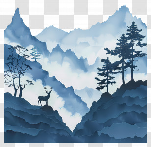 Deer Silhouette - Mystical Blue Mountain Scene With Deer And Trees Transparent PNG