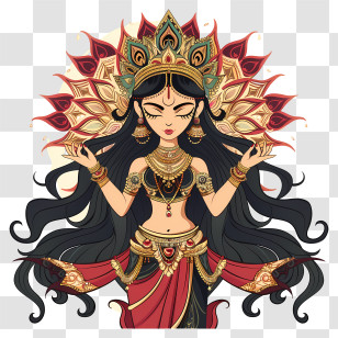 Durga Maa - Goddess With Elaborate Crown And Jewelry Transparent PNG
