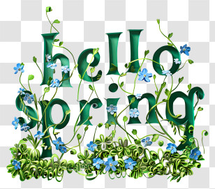 Hello Spring - Green Flowers Hello Spring Text Transparent PNG