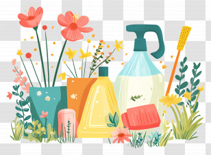 Spring Cleaning - Cleaning Supplies With Flowers Transparent PNG