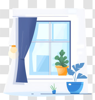 Window - Window With Potted Plants And Blue Curtain Illustration Transparent PNG