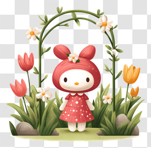 My Melody In Park - Red-Hooded Character In A Flower Garden Transparent PNG