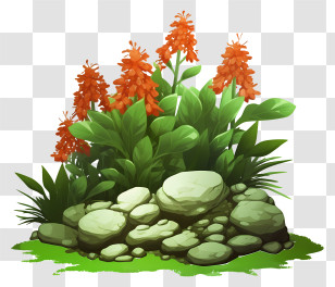 Garden Plants - Orange Flowers With Green Rocks In A Natural Setting Transparent PNG