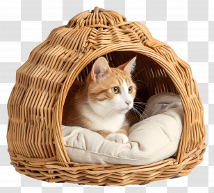 Cat Bed - Cozy Cat In Wicker Basket Transparent PNG