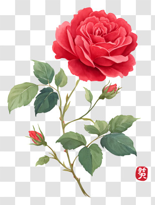 Rose Ink Painting - Red Rose With Green Leaves Transparent PNG