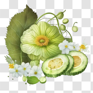 Watercolor Cucumber
 - Bitter Melon With Flowers And Leaves Illustration Transparent PNG