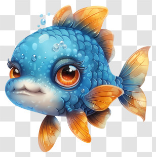 Cute Fish - Cartoon Blue Fish With Orange Fins And Large Eyes Transparent PNG