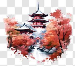 Watercolor Painting - Oriental Pagoda Surrounded By Autumn Trees Illustration Transparent PNG