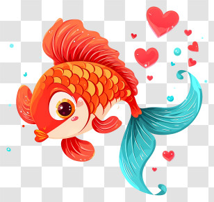Cartoon Valentine Fish - Colorful Cartoon Goldfish With Hearts Transparent PNG