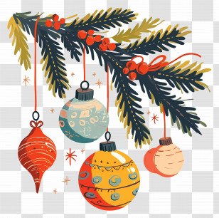 Christmas Balls On A Branch - Festive Christmas Ornaments Hanging On A Pine Branch Transparent PNG
