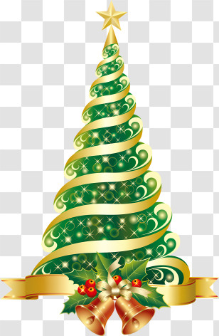 Christmas Tree - Festive Decorative Christmas Tree With Golden Ribbon Transparent PNG