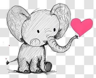Valentine Elephant Sketch Line - Sketch Of An Elephant Holding A Heart Transparent PNG