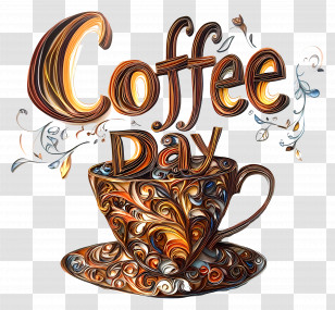 Coffee Day - Artistic Coffee Day Text With Ornamental Cup Design Transparent PNG