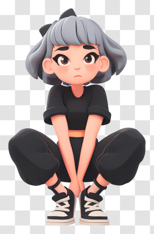 Anime Sitting - 3D Girl Squatting In Black Outfit Transparent PNG