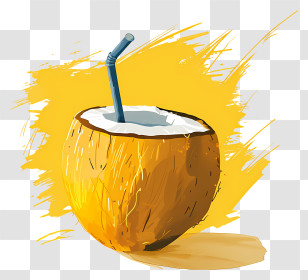 Coconut With Straw - Coconut With Straw And Yellow Background Transparent PNG