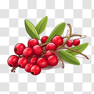 Cranberries - Illustration Of Red Berries With Green Leaves Transparent PNG