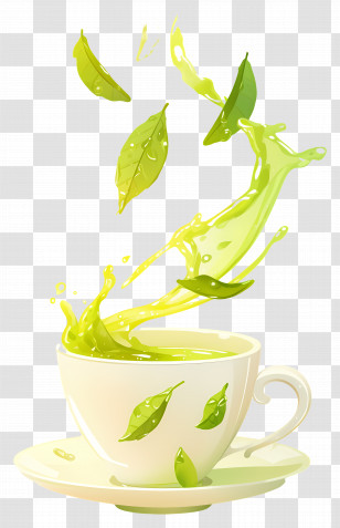 Green Tea - Cup Of Green Tea With Splashing Leaves Transparent PNG