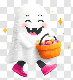 Cute Ghost With Pumpkin Basket - Cute Ghost Trick-or-Treater Transparent PNG