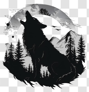 Wolf Silhouette - Howling Wolf Silhouette In Forest Scene Transparent PNG