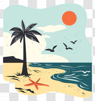 Beach - Beach Illustration With Sea And Palm Tree Transparent PNG