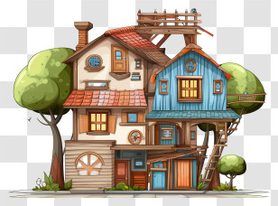 Cartoon House - Cartoon House With Trees And Colorful Details Transparent PNG