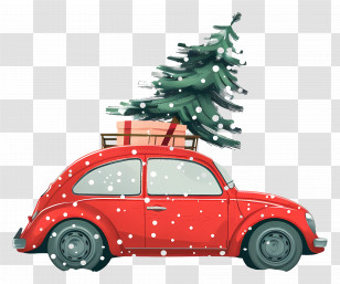 Christmas Tree On Car - Red Car With Christmas Tree On Roof Transparent PNG