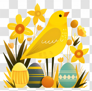 Easter Background - Yellow Bird With Flowers And Easter Eggs Transparent PNG