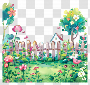 Garden Backyard Scene - Colorful Garden With Fence Transparent PNG