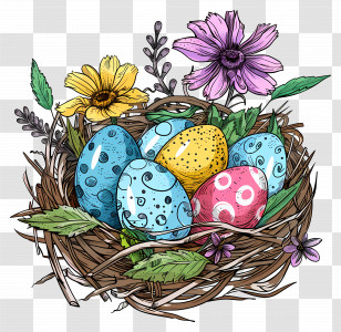 Nest With Colorful Easter Eggs And Flowers - Nest With Colorful Easter Eggs And Flowers Transparent PNG