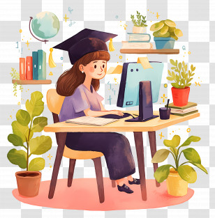 Woman Wearing Graduation Cap - Graduation Student At Desk With Computer Transparent PNG