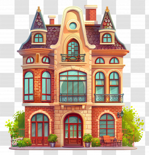 City Cottage Building - Large Vintage Brick House With Ornate Detailing Transparent PNG