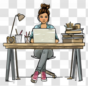 Cartoon Woman Working - Girl Working At Desk Transparent PNG