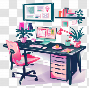 Modern Office - Modern Office Desk With Computer And Plants Transparent PNG