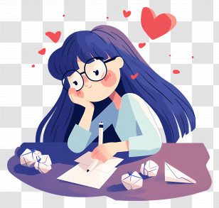 Girl Writing Love Letters - Thoughtful Girl Writing Love Letters Transparent PNG