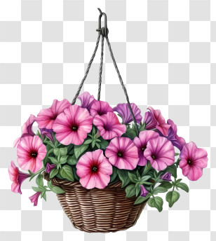 Hand Drawn Elegant Petunia Flower Hanging Basket - Wicker Hanging Basket With Pink Flowers Transparent PNG