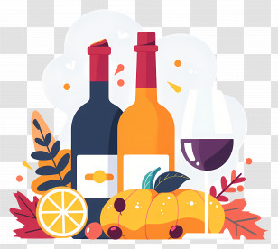 Thanksgiving Wine - Wine Bottles With Fruits And Autumn Leaves Design Transparent PNG