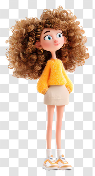 Girl With Curly Hair - Curly-haired Cartoon Girl In Yellow Sweater Transparent PNG