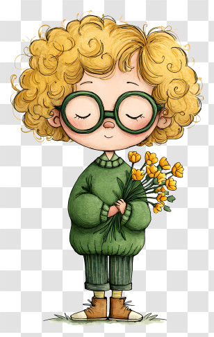 Cute Girl With Curly Hair - Adorable Child Holding Flowers Transparent PNG