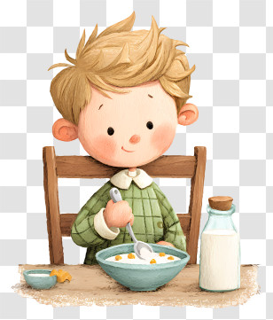 Toddler Boy Eating Milk Porridge - Boy Eating Breakfast In Cozy Cartoon Style Transparent PNG