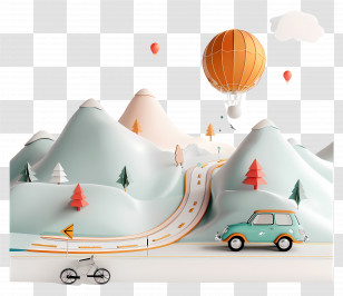 Road Trip Day - Hot Air Balloon And Car In Mountain Landscape Transparent PNG