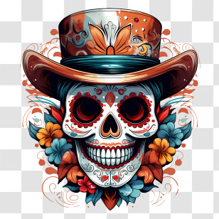 Dia De Los Muertos - Colorful Sugar Skull With Hat And Flowers Transparent PNG