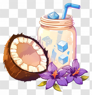 Coconut Water - Coconut Drink With Ice And Flowers Transparent PNG