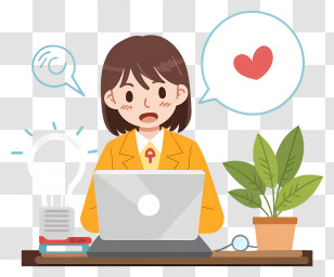 Woman Working On Laptop - Woman Working At Desk Cartoon Illustration Transparent PNG