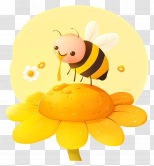 Cartoon Bee - Smiley Bee On A Yellow Flower Cartoon Illustration Transparent PNG