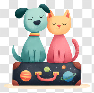 Dog Cat Sitting On Suitcase - Cute Dog And Cat On Space Suitcase Transparent PNG