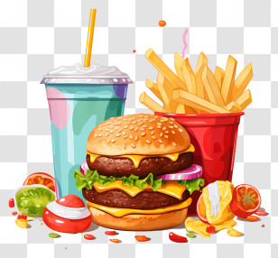 Fast Food - Fast Food Burger Meal With Fries And Soda Transparent PNG