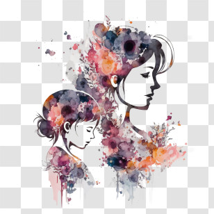 Mom And Kid
 - Mother And Daughter Silhouette With Watercolor Transparent PNG