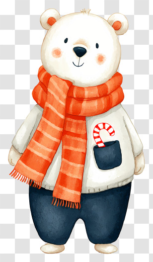 Watercolor Winter Bear - White Bear With Orange Scarf Transparent PNG