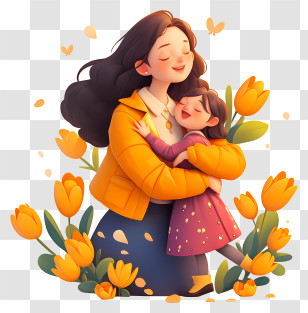 Mother Day - Mother And Child Hugging With Flowers Transparent PNG